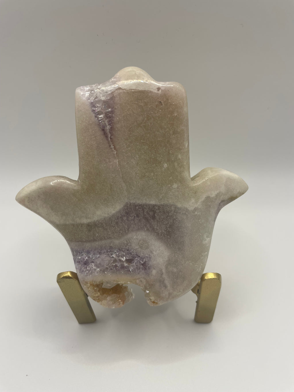 Pink Amethyst Hamsa Hand on Custom Gold Stand