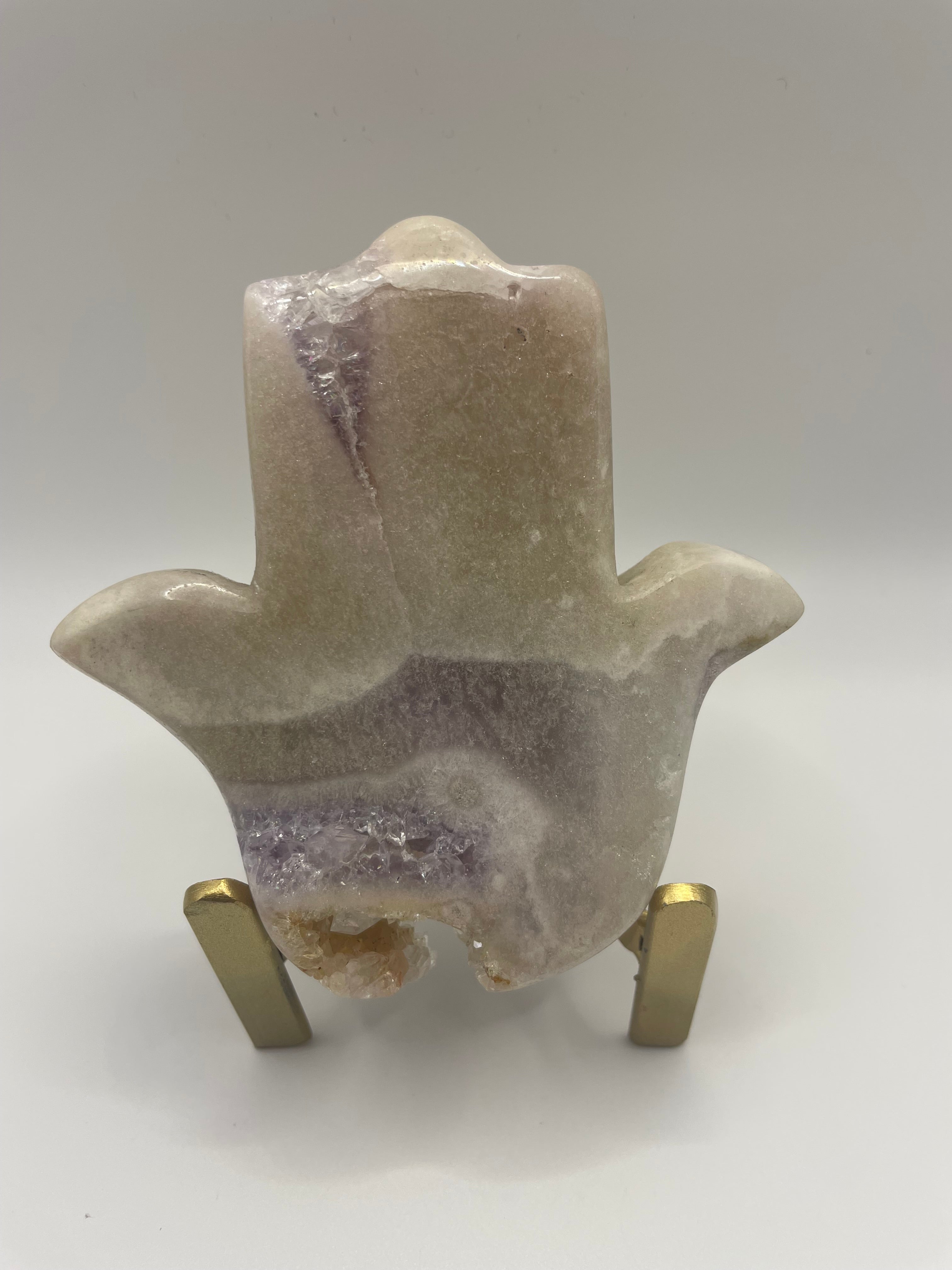 Pink Amethyst Hamsa Hand on Custom Gold Stand