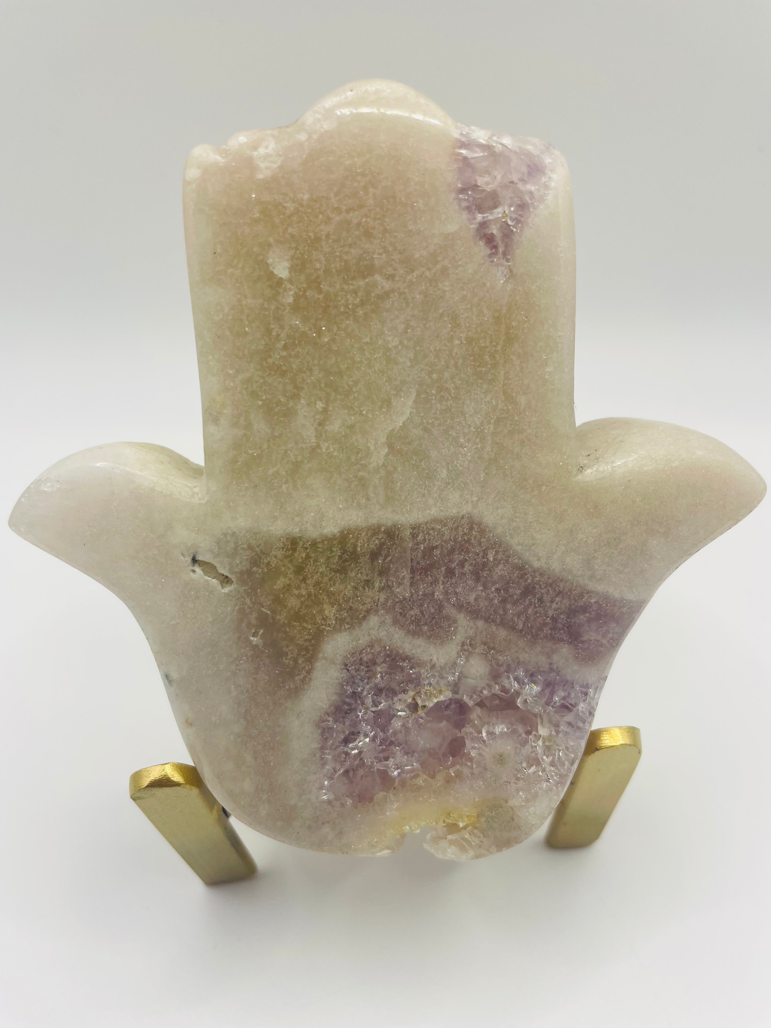 Pink Amethyst Hamsa Hand on Custom Gold Stand