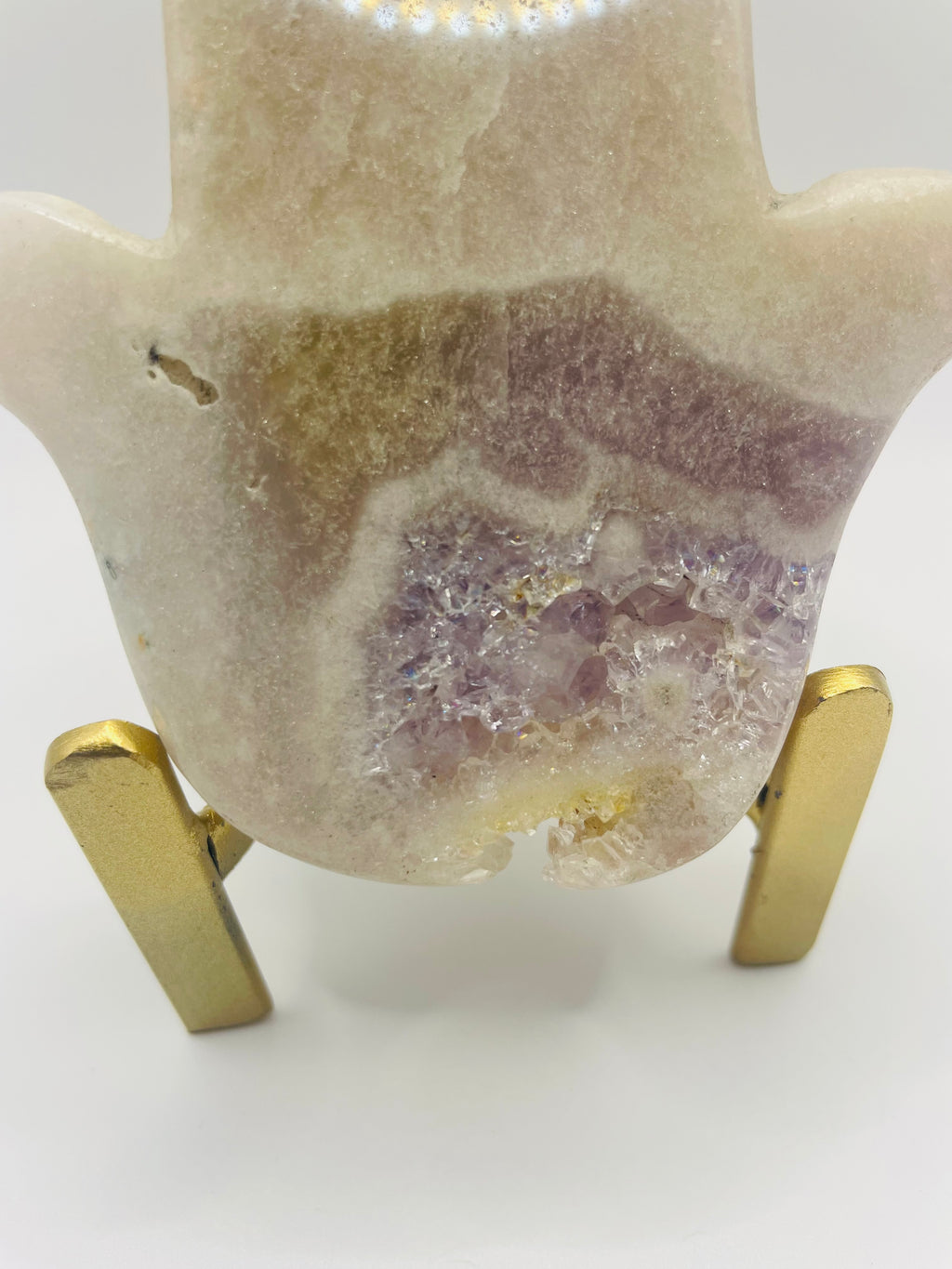 Pink Amethyst Hamsa Hand on Custom Gold Stand